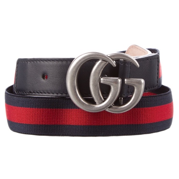 Authentic GUCCI Marmont Blue/Red GG Web Stripe Elastic Kids Navy Leather Belt M - Picture 1 of 9